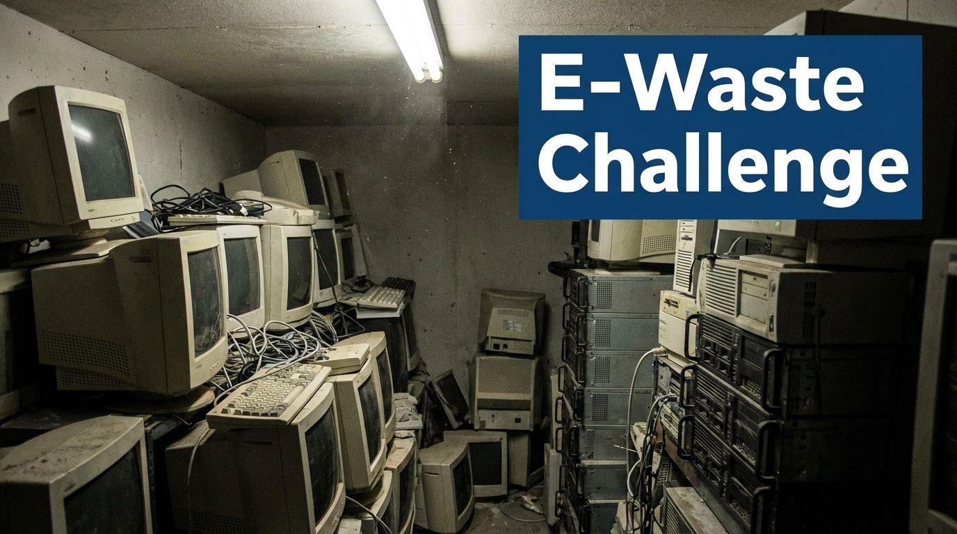 A room filled with discarded vintage computer monitors, keyboards, and server racks representing electronic waste.
