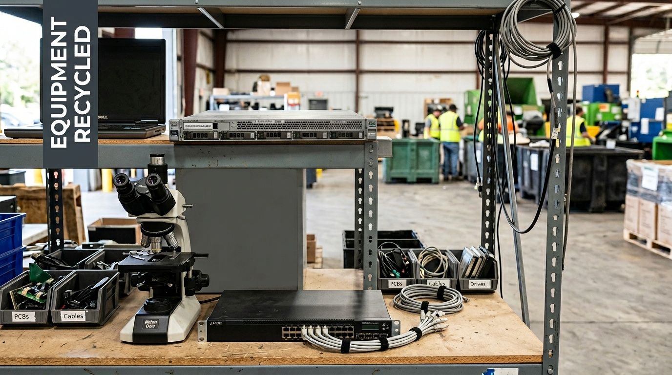 A professional recycling facility workshop featuring lab equipment, server hardware, and sorted electronic components on shelving.
