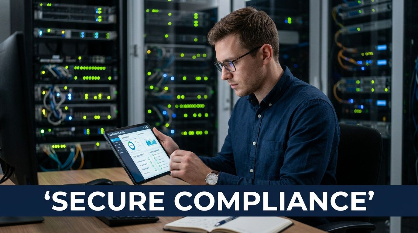 A professional IT technician reviewing security compliance data on a tablet inside a server room data center.