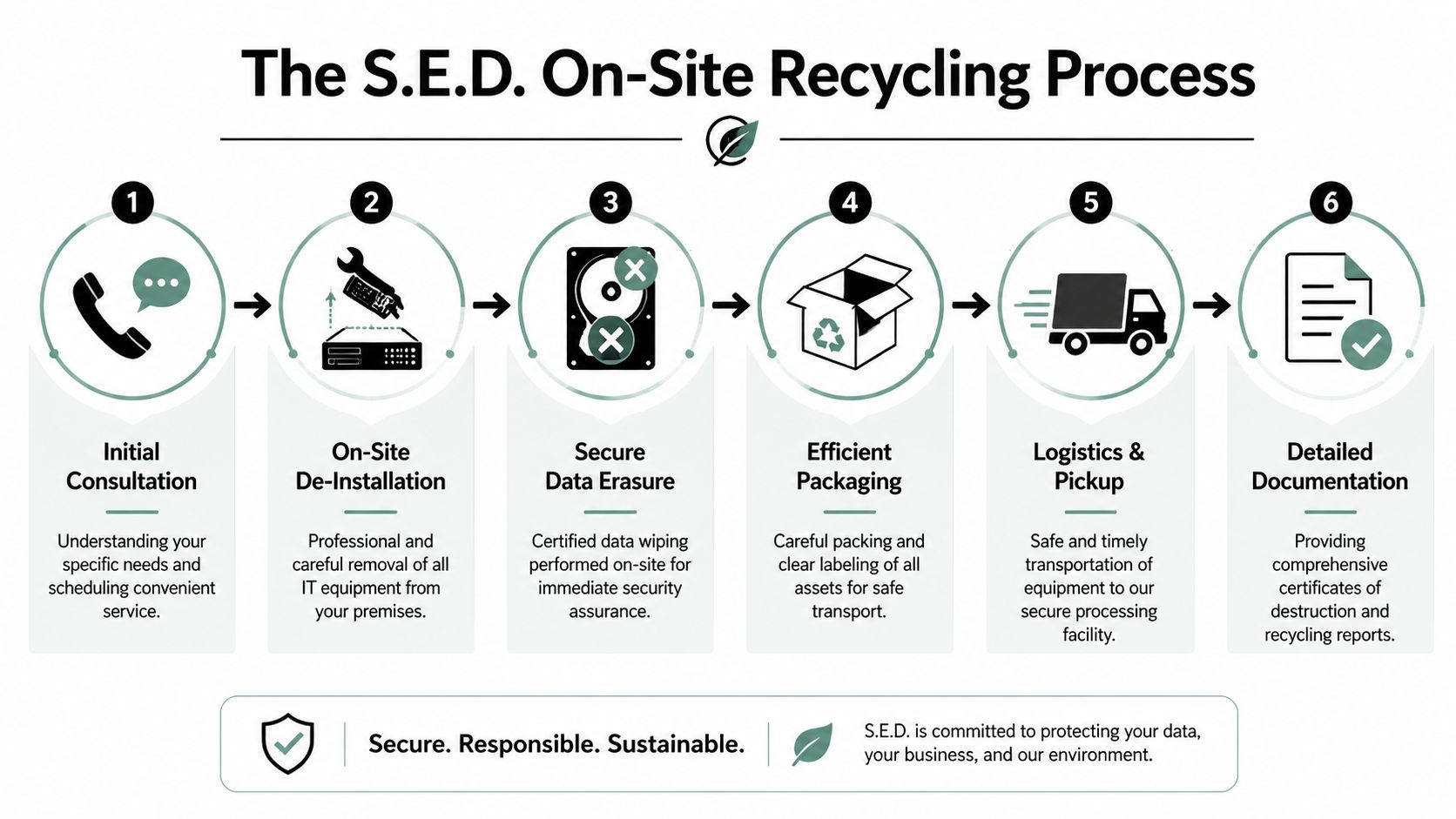 A flowchart showing the six-step S.E.D. on-site IT equipment recycling and secure data destruction process.