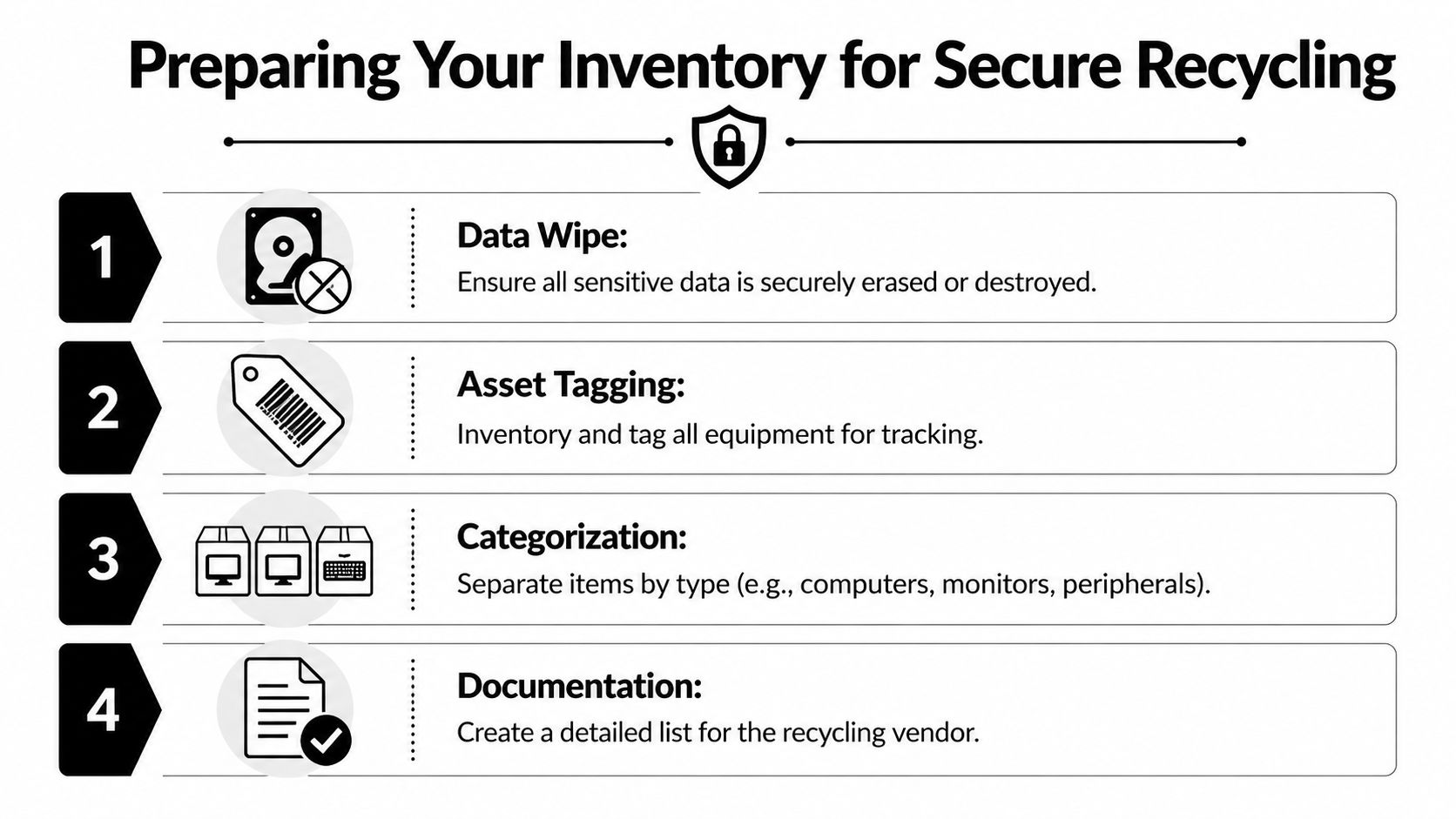 An infographic showing four essential steps for preparing IT inventory for secure recycling and data destruction.