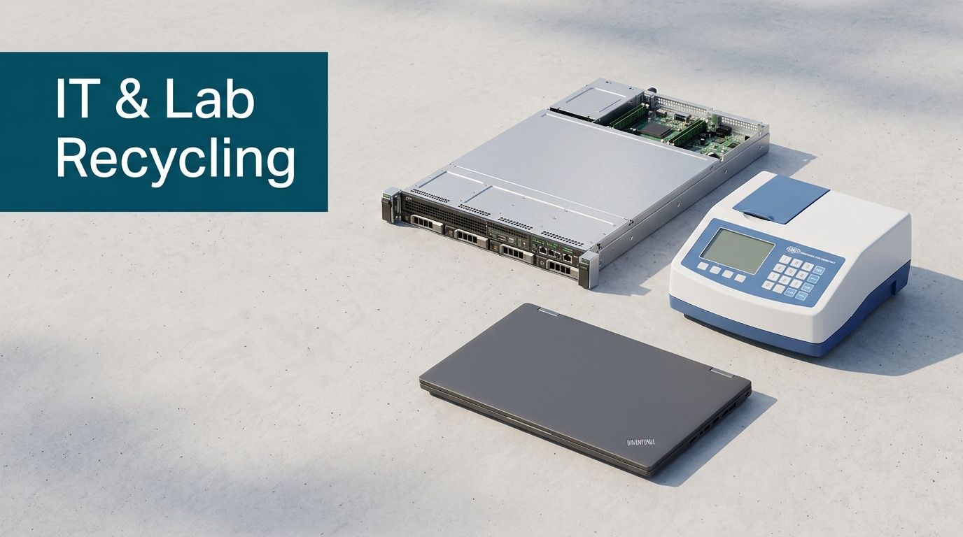 IT and lab equipment, including a server, lab instrument, and laptop, ready for recycling.