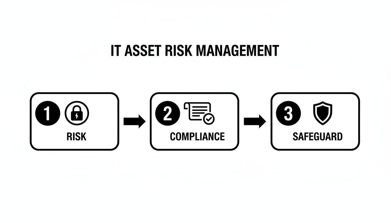 Flowchart for IT Asset Risk Management showing three steps: Risk, Compliance, and Safeguard.