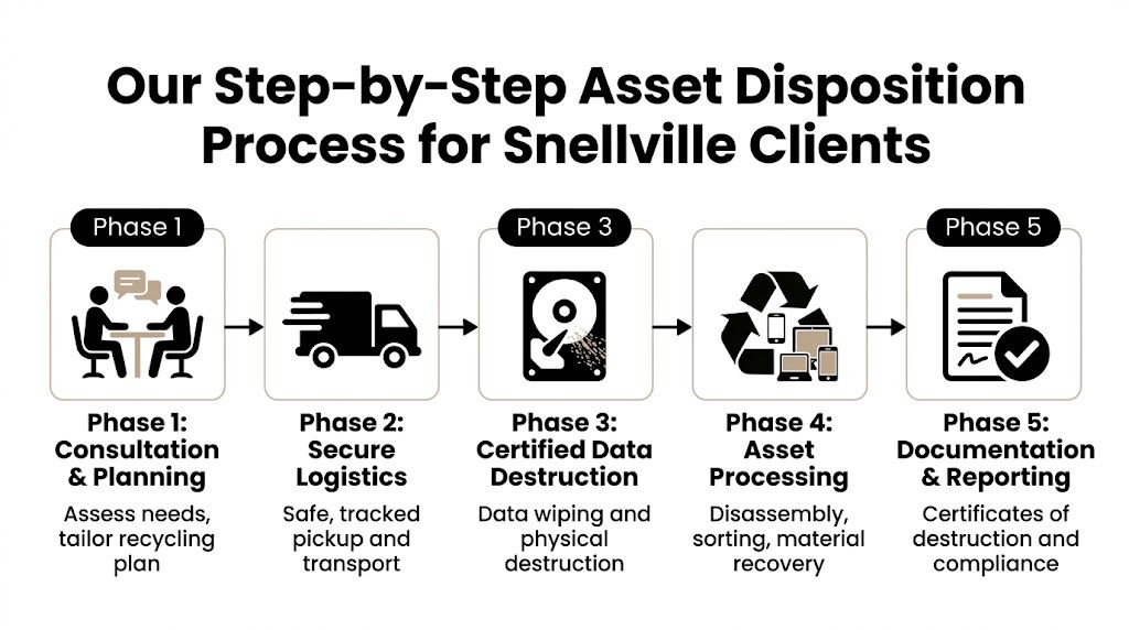 A five-phase infographic outlining the secure IT equipment asset disposition process for clients in Snellville, Georgia.