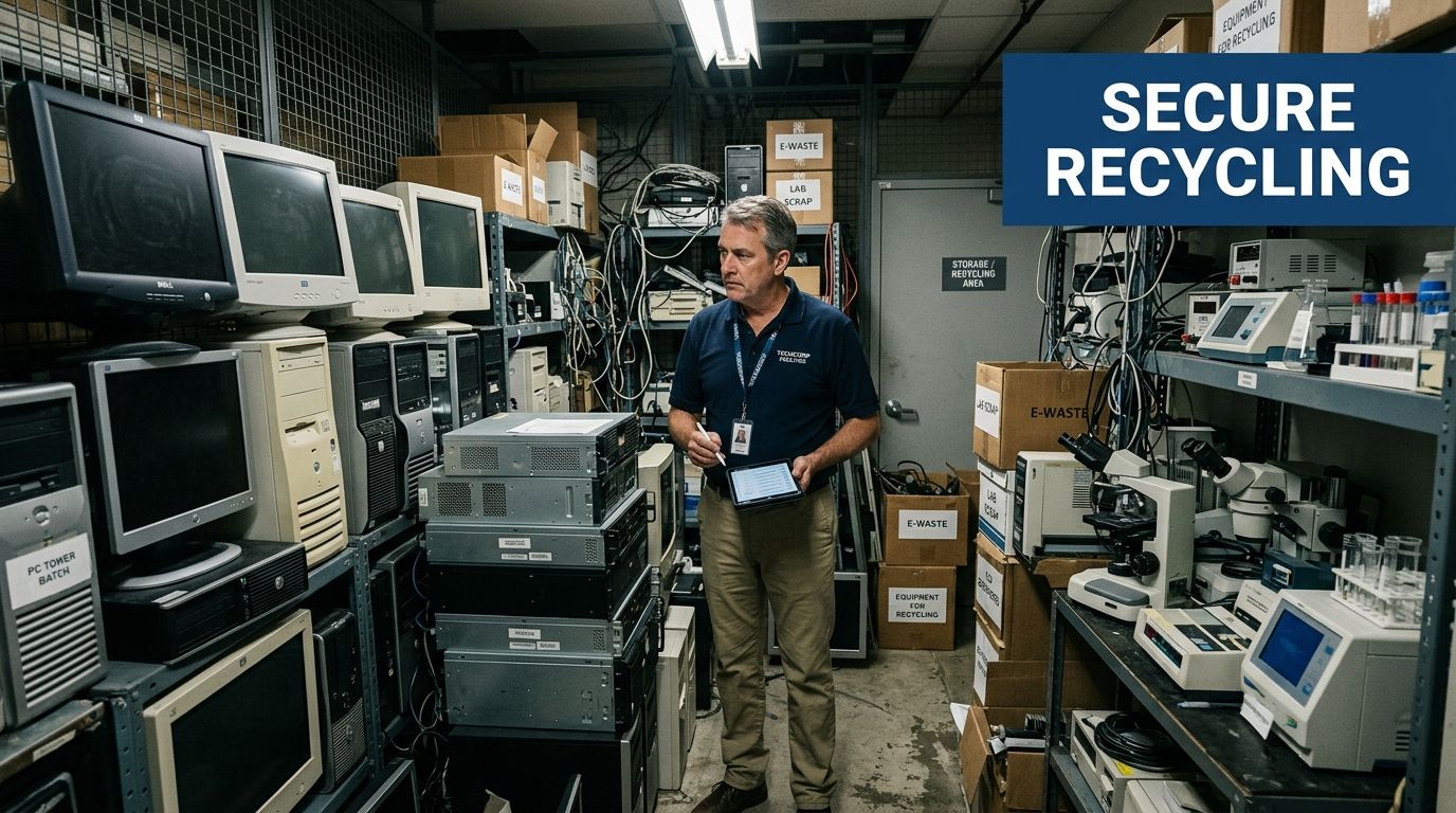 A technician inspects inventory of electronic equipment in a warehouse designated for secure recycling services.
