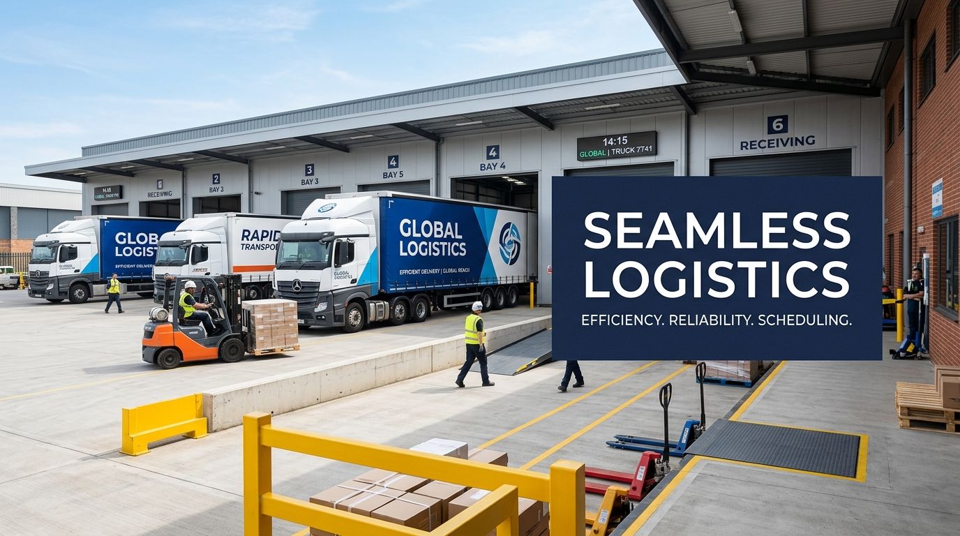 A busy warehouse loading dock featuring large semi-trucks, a forklift operator, and workers managing palletized shipments.