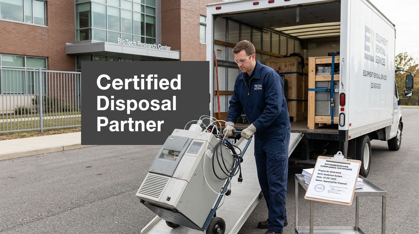 A technician loads specialized lab equipment onto a removal truck outside a biotech research center.