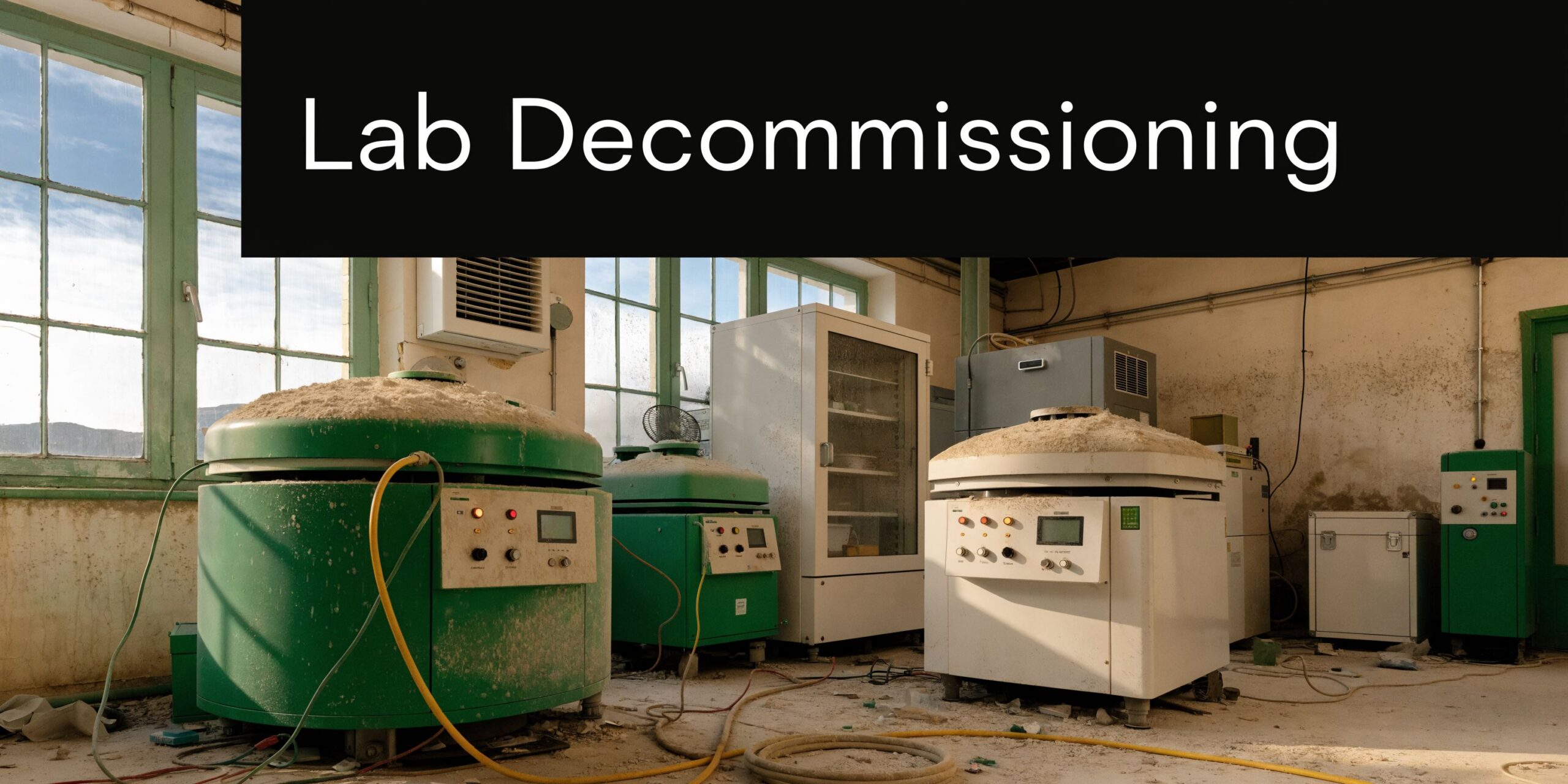 A decommissioned laboratory interior with several large industrial machines and equipment covered in dust layers.