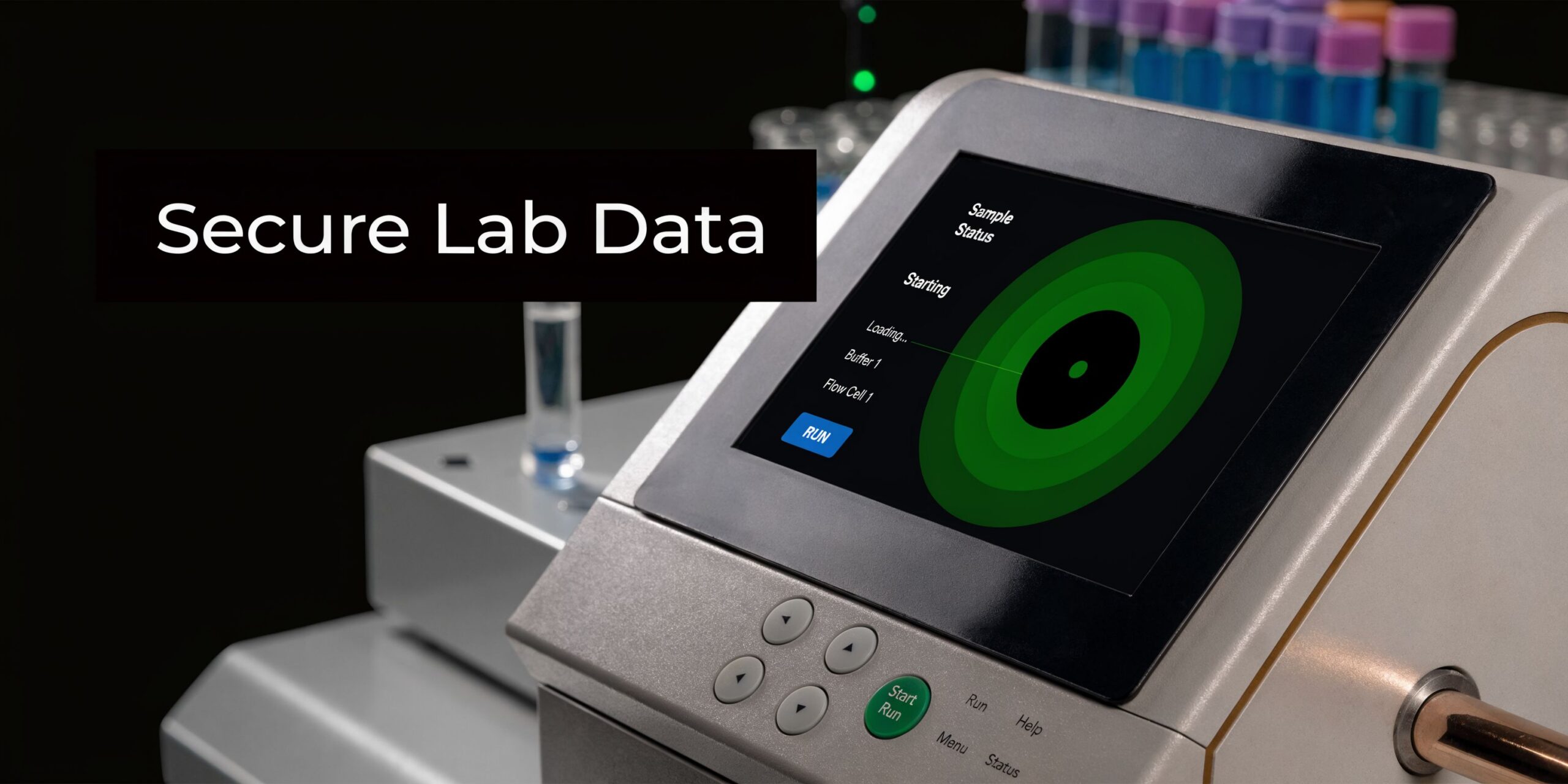 A close-up view of laboratory diagnostic equipment with a digital interface showing a green circular status indicator.