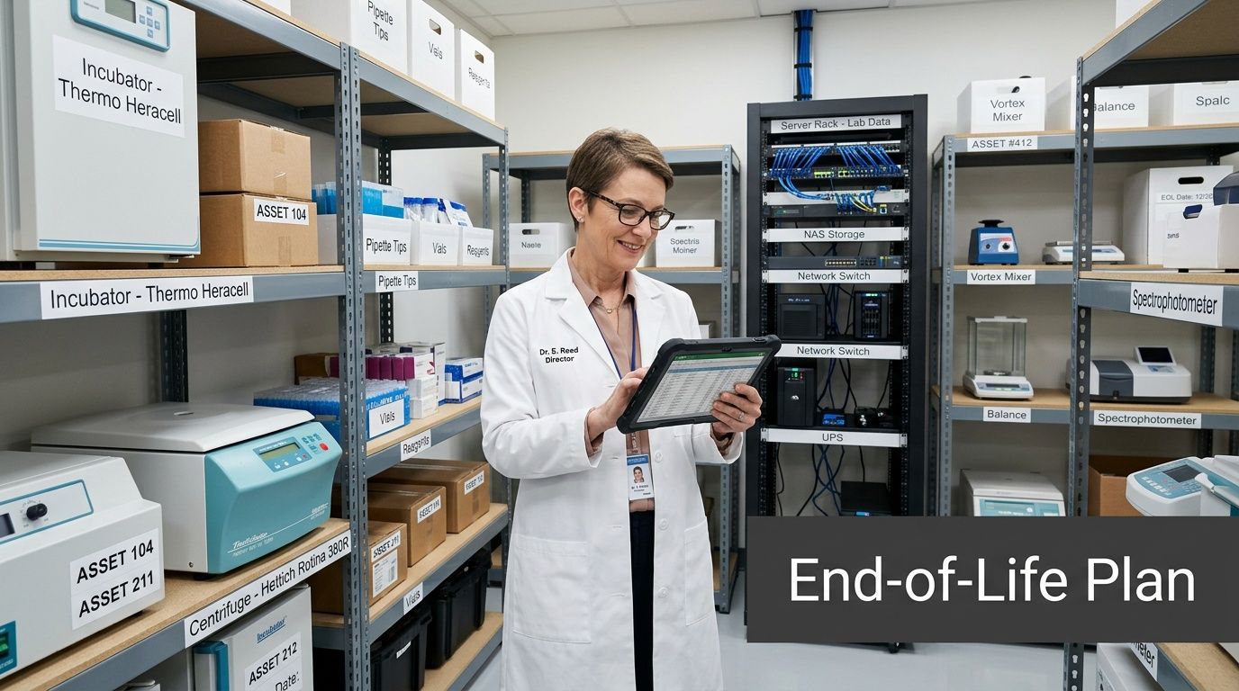 A smiling scientist in a lab coat uses a tablet among shelves of lab equipment and supplies.