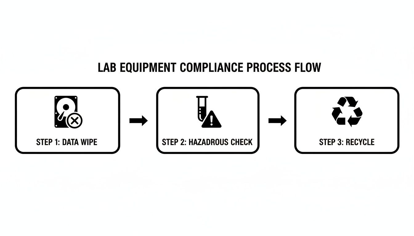 Lab equipment compliance process flow diagram showing steps for data wipe, hazardous check, and recycle.