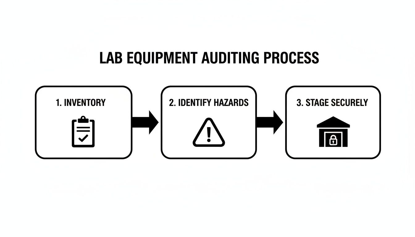 A flowchart detailing the lab equipment auditing process, including inventory, hazard identification, and secure staging.
