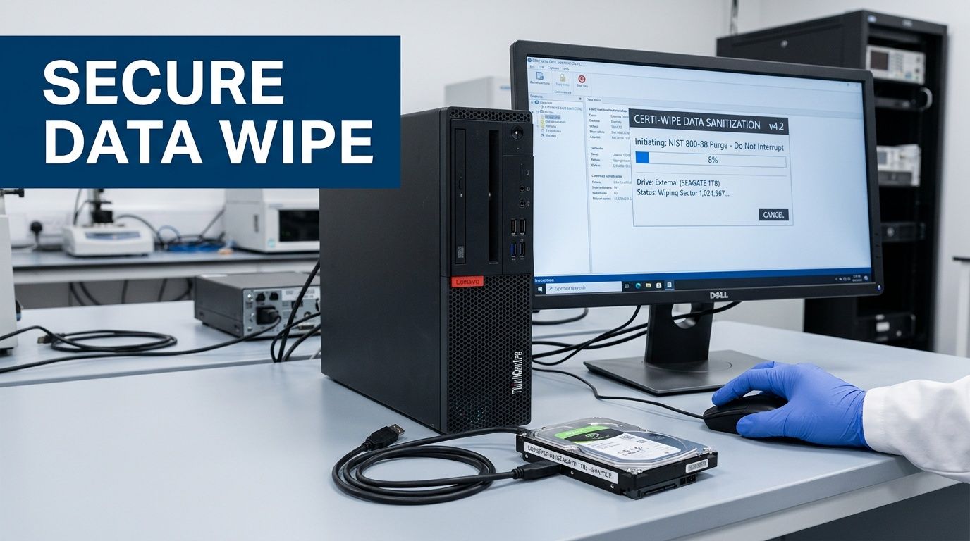 A person in blue gloves securely wiping data from an external hard drive in a laboratory setting.