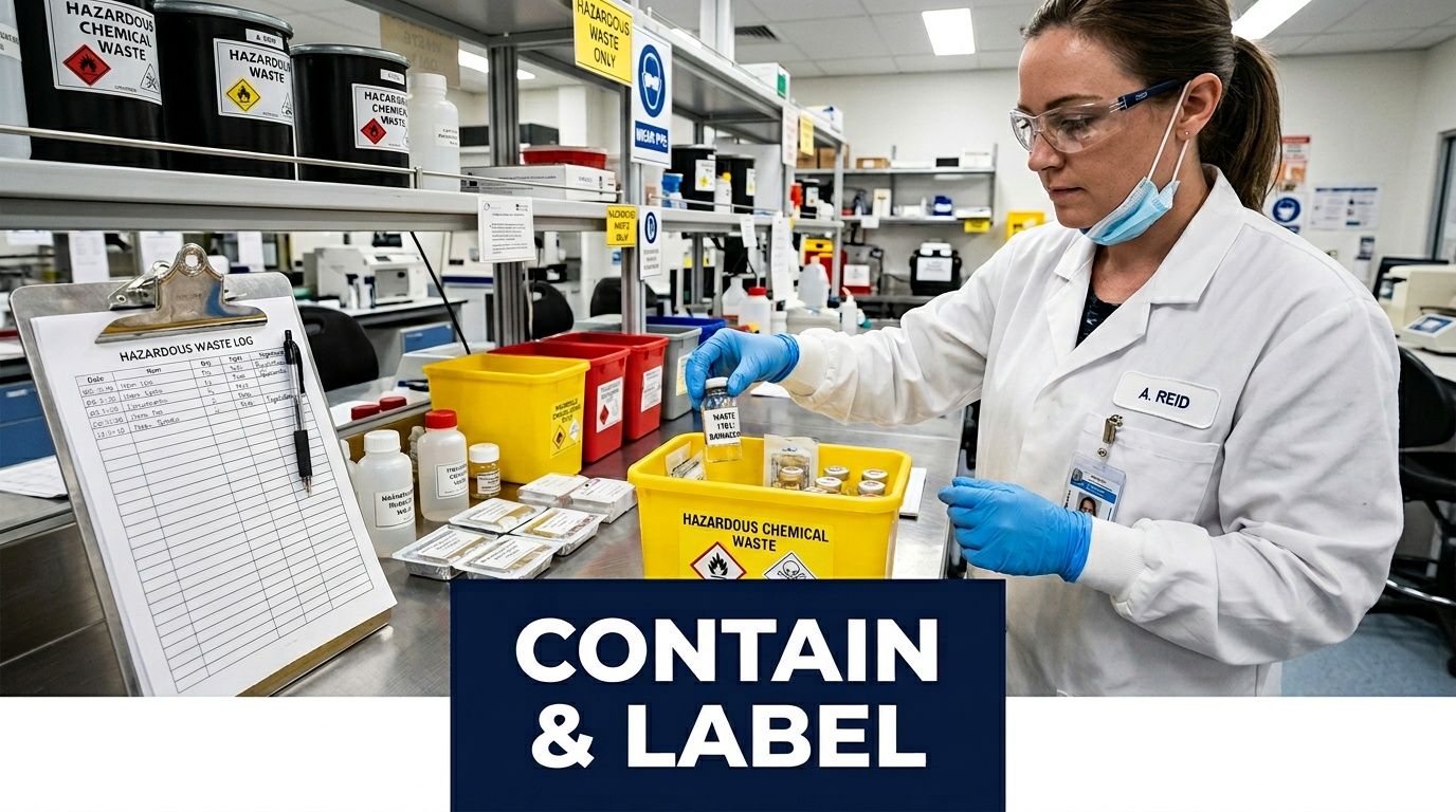 A scientist in a lab sorts hazardous chemical waste into a labeled bin, while maintaining a waste log.