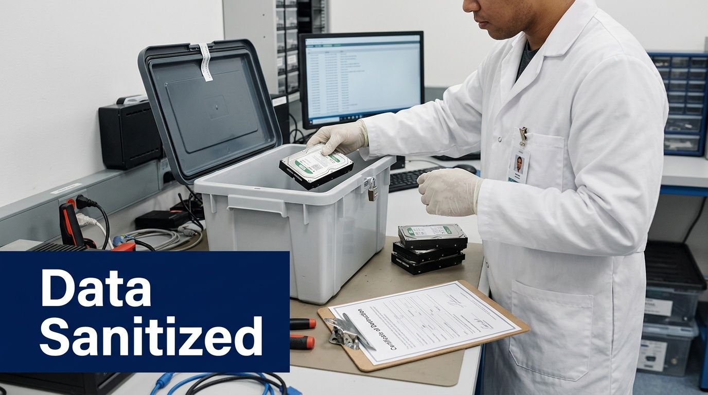 A technician in a lab coat and gloves places a hard drive into a secure bin for data sanitization.