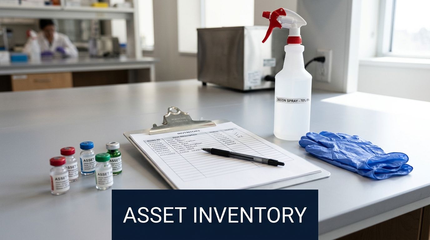 A lab bench with vials, inventory clipboard, pen, spray bottle, and gloves for asset management.