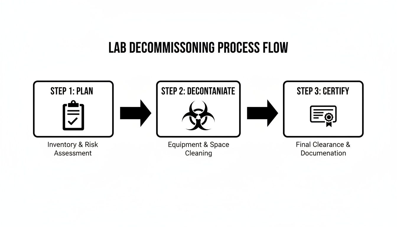 A three-step flowchart illustrating the lab decommissioning process: Plan, Decontaminate, and Certify.