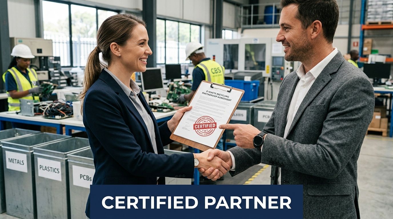 A professional man and woman shaking hands in a recycling facility while holding a certified partnership agreement.