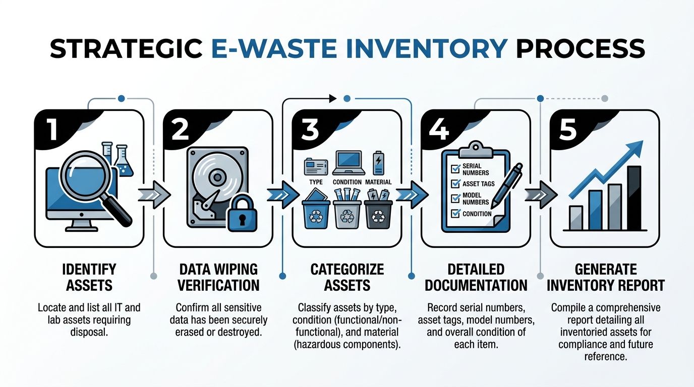 A five-step infographic showing the strategic e-waste inventory process for professional asset management and disposal.