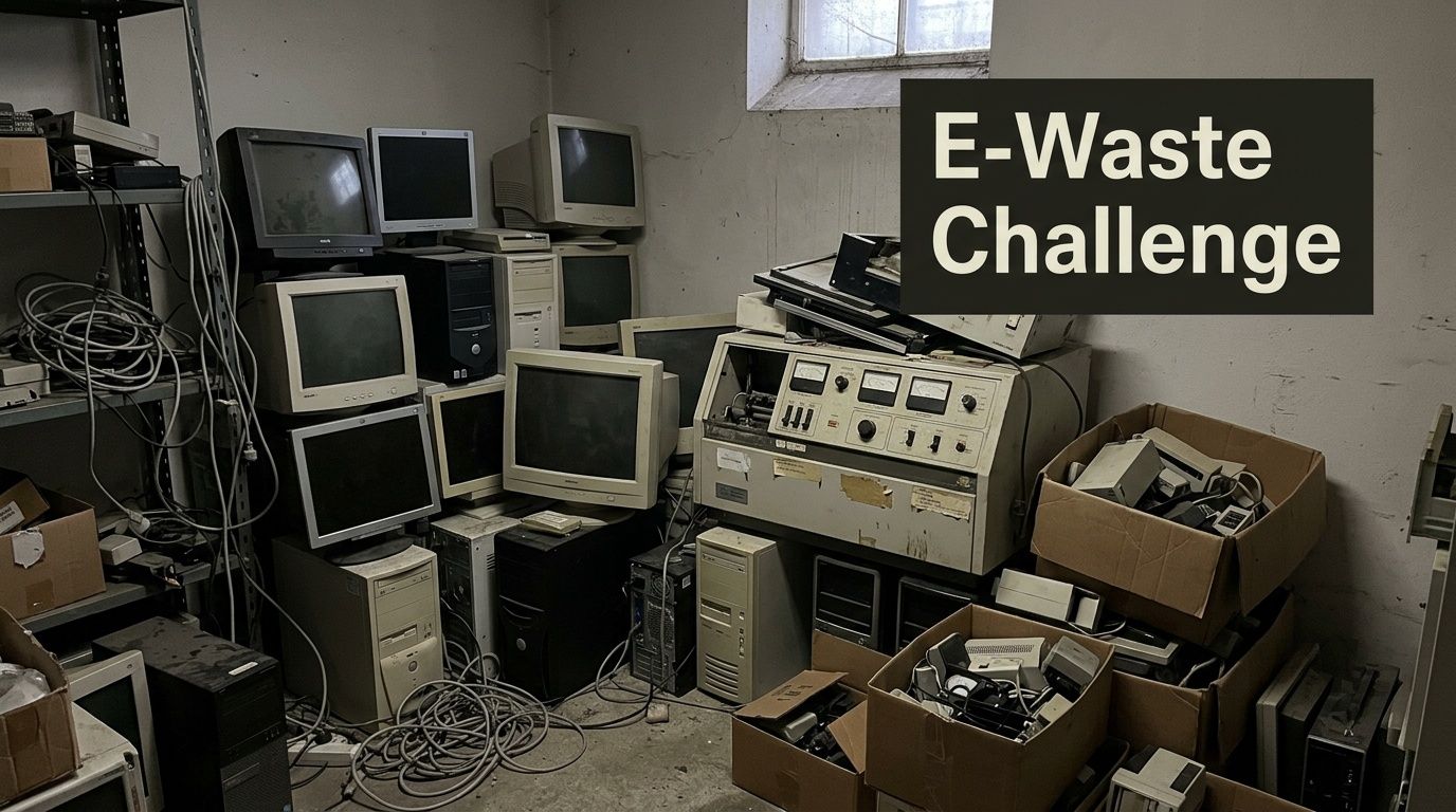 A basement room filled with stacks of old CRT monitors and vintage computer towers for recycling.