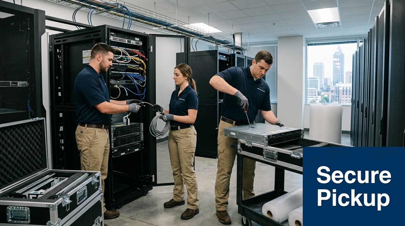 Three technicians in matching uniforms are organizing server equipment inside a data center office in Atlanta.