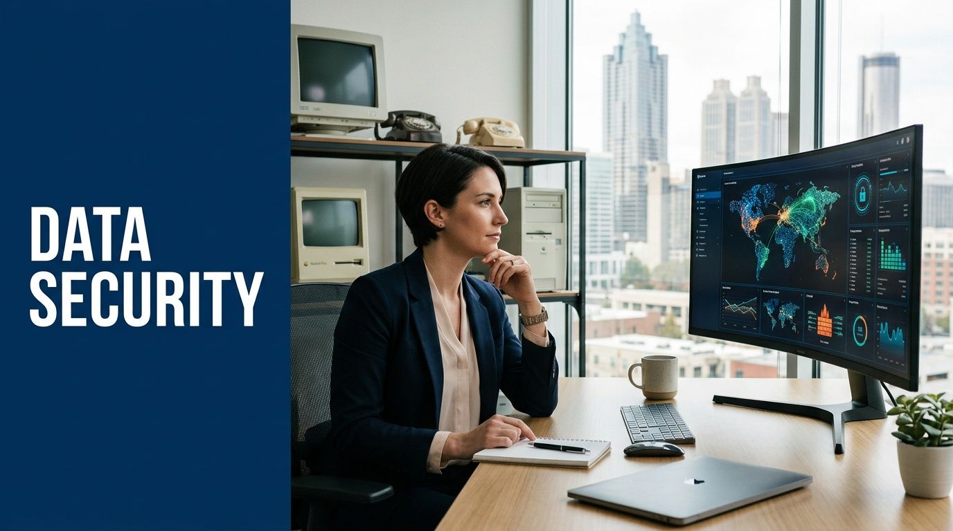 A professional woman in a suit reviewing cybersecurity data on a large monitor in a modern office.