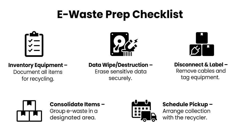 An infographic titled E-Waste Prep Checklist outlining five essential steps for recycling electronic equipment safely.