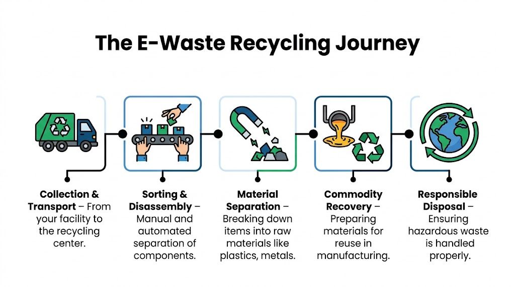 A diagram illustrating the five-step E-Waste recycling journey from collection and transport to responsible disposal.