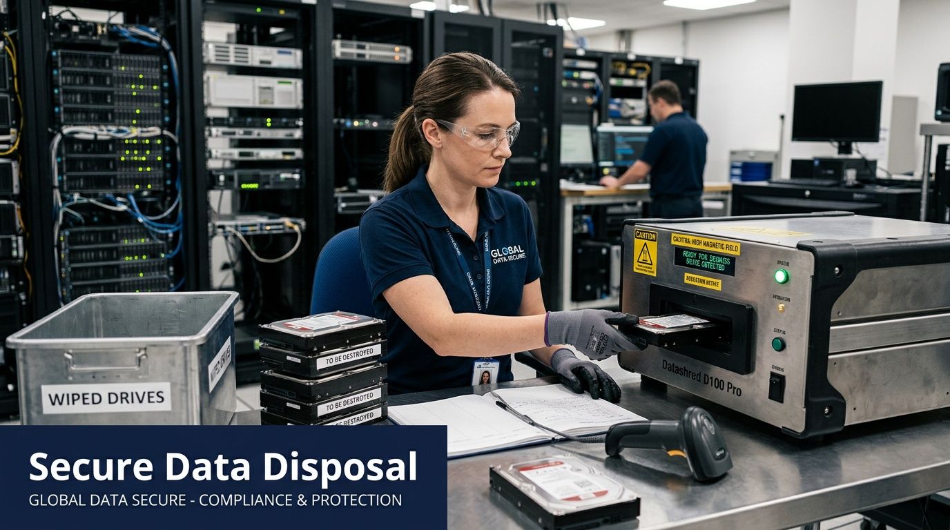 A professional technician securely destroys a hard drive in a controlled data center environment for compliance.