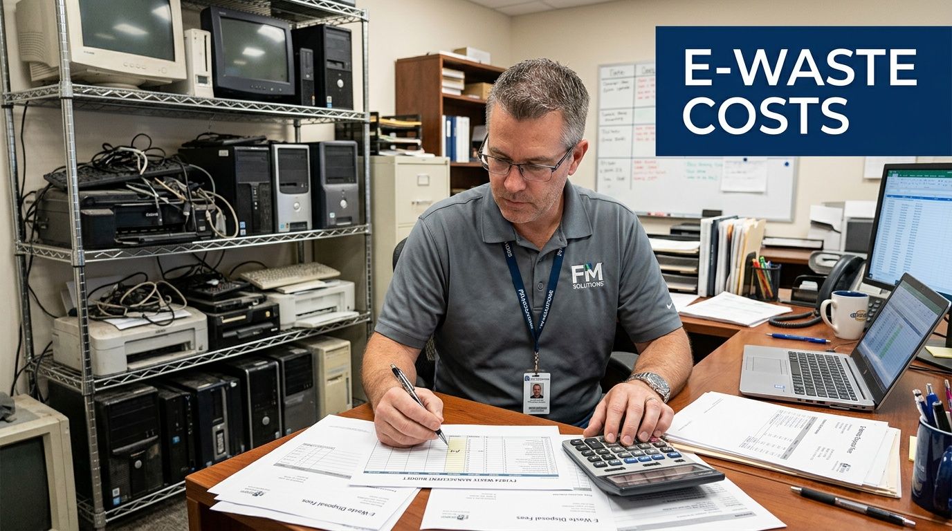 A professional man reviewing e-waste recycling documents and calculating costs at his office desk.