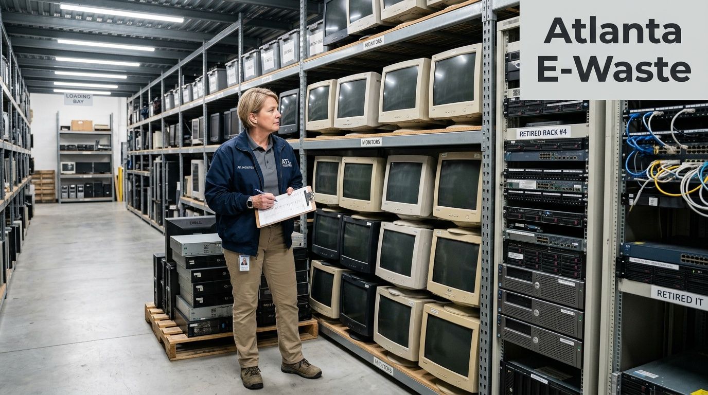 A professional woman inspecting stacks of discarded computer monitors and server equipment at an Atlanta recycling warehouse.