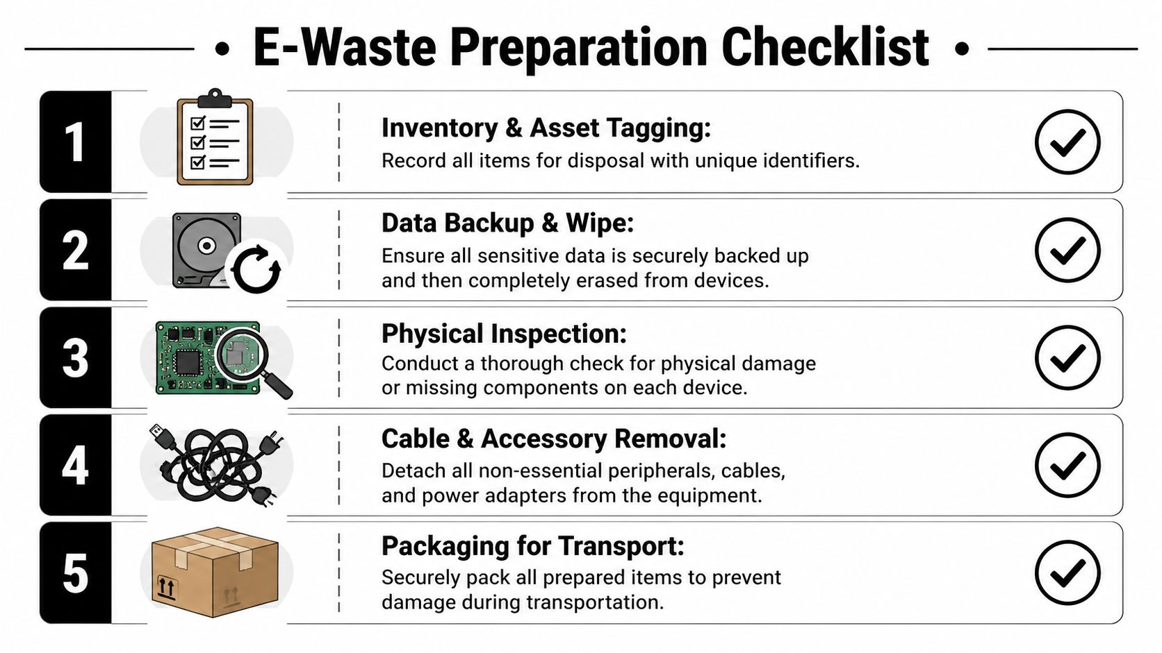 A five-step checklist for properly preparing electronic waste for secure recycling and transportation.