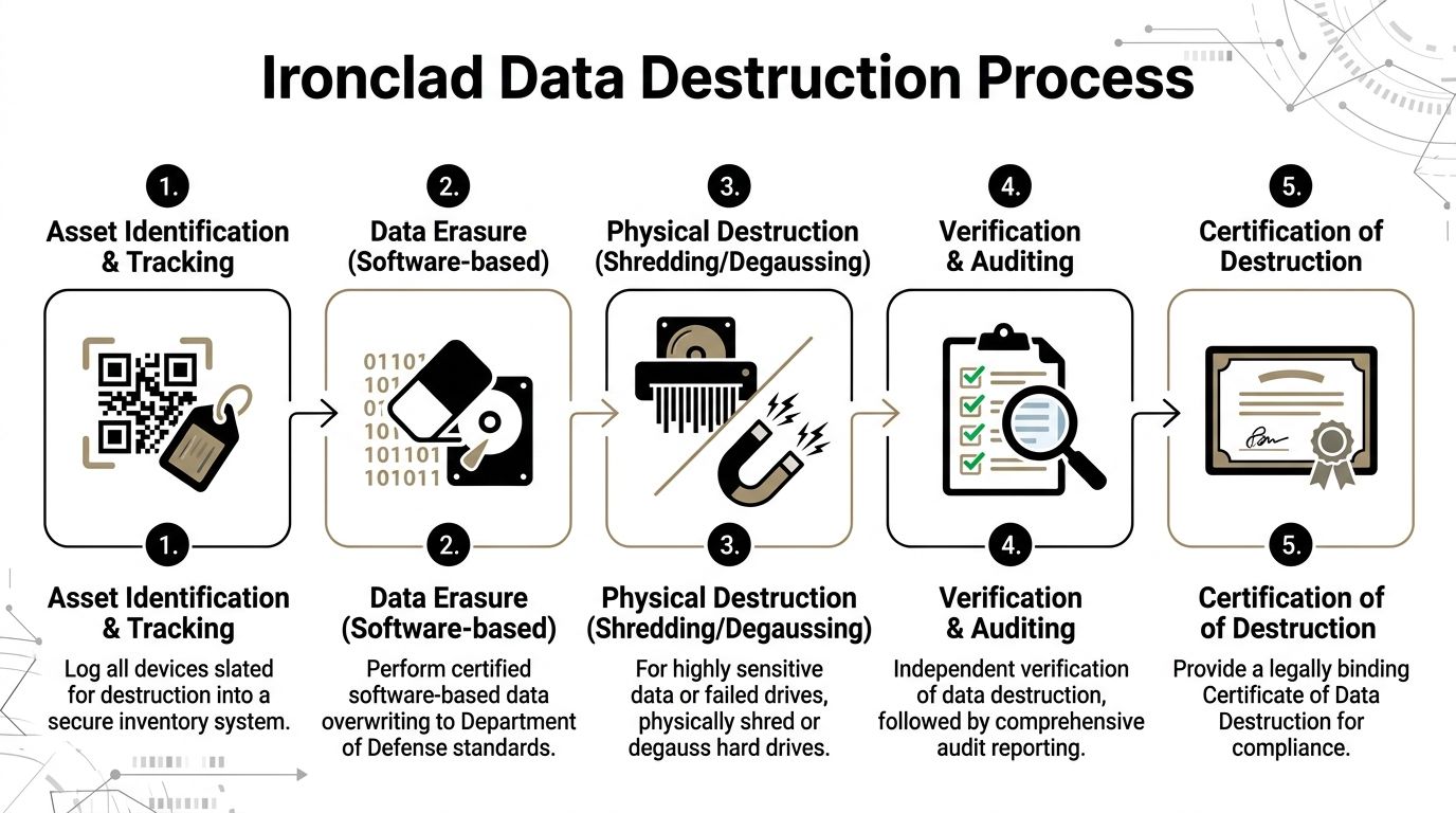 A five-step flowchart illustrating the professional Ironclad Data Destruction Process for secure IT asset disposal.