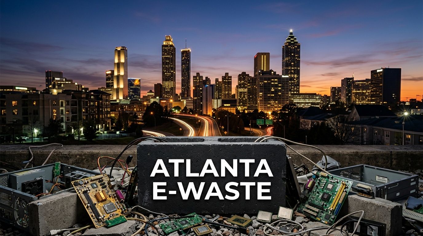 A large concrete block labeled Atlanta E-Waste surrounded by discarded computer components in front of a city skyline.