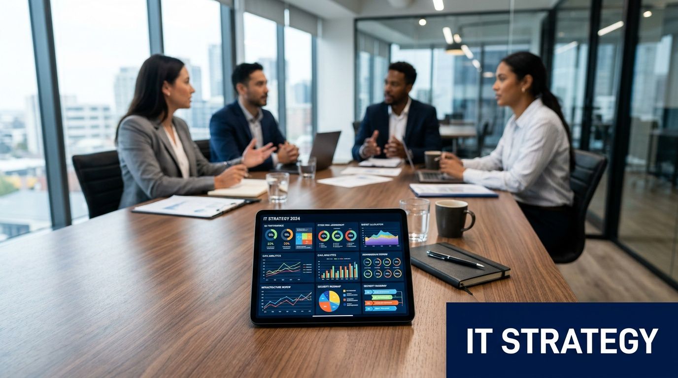 A professional team of business people having a collaborative meeting around a conference table with data dashboard