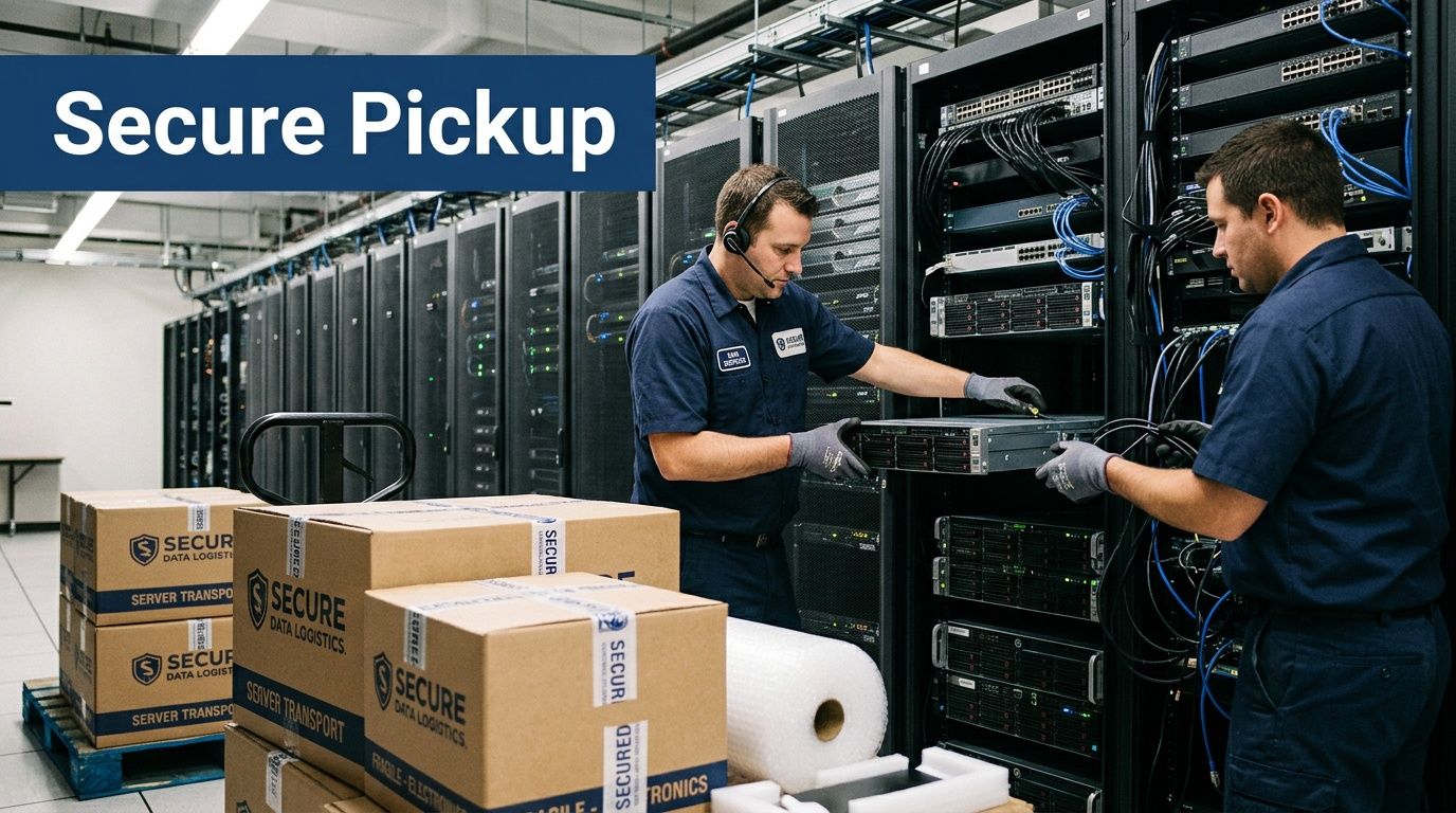 Two technicians in uniform removing a server from a rack in a secure data center facility.