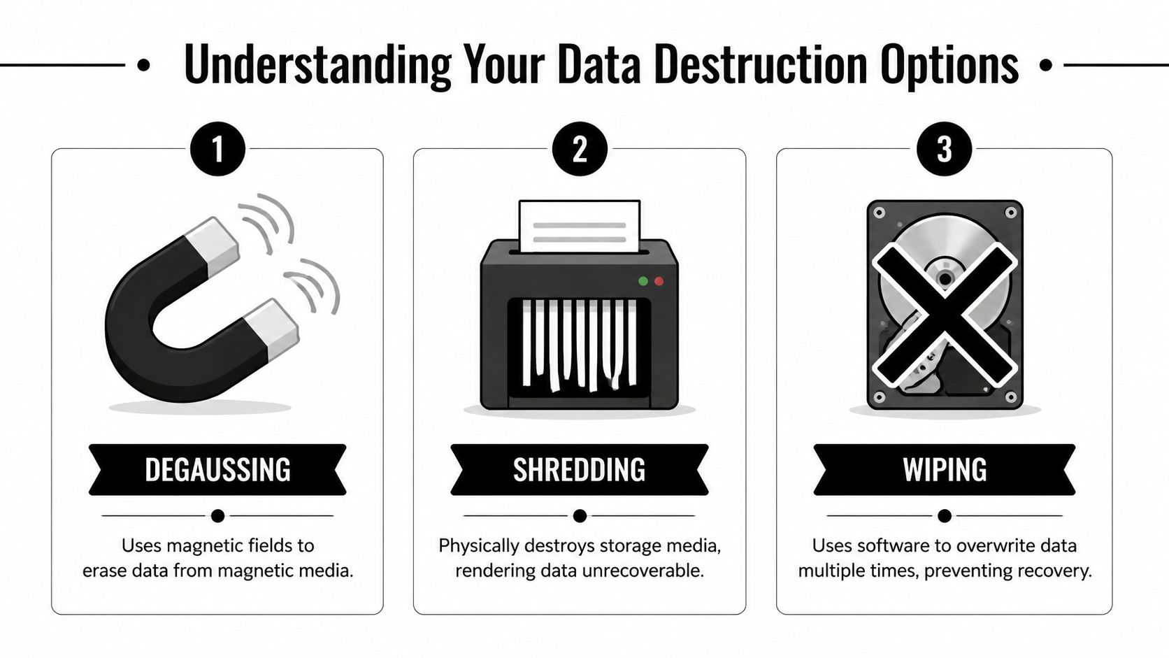A visual guide explaining three methods for secure data destruction: degaussing, physical shredding, and software wiping.
