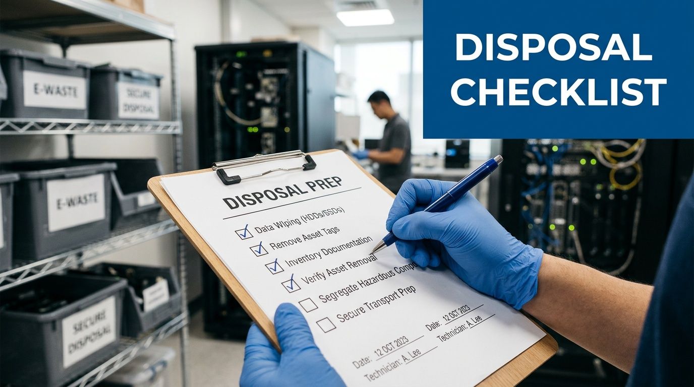 A technician wearing blue gloves marks off a disposal checklist for secure data destruction in a data center.