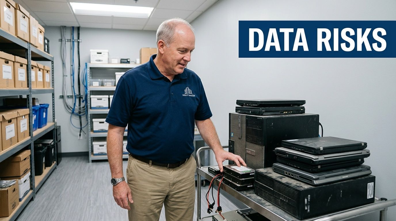 A professional man inspecting old hard drives and electronic equipment on a cart in a server room.