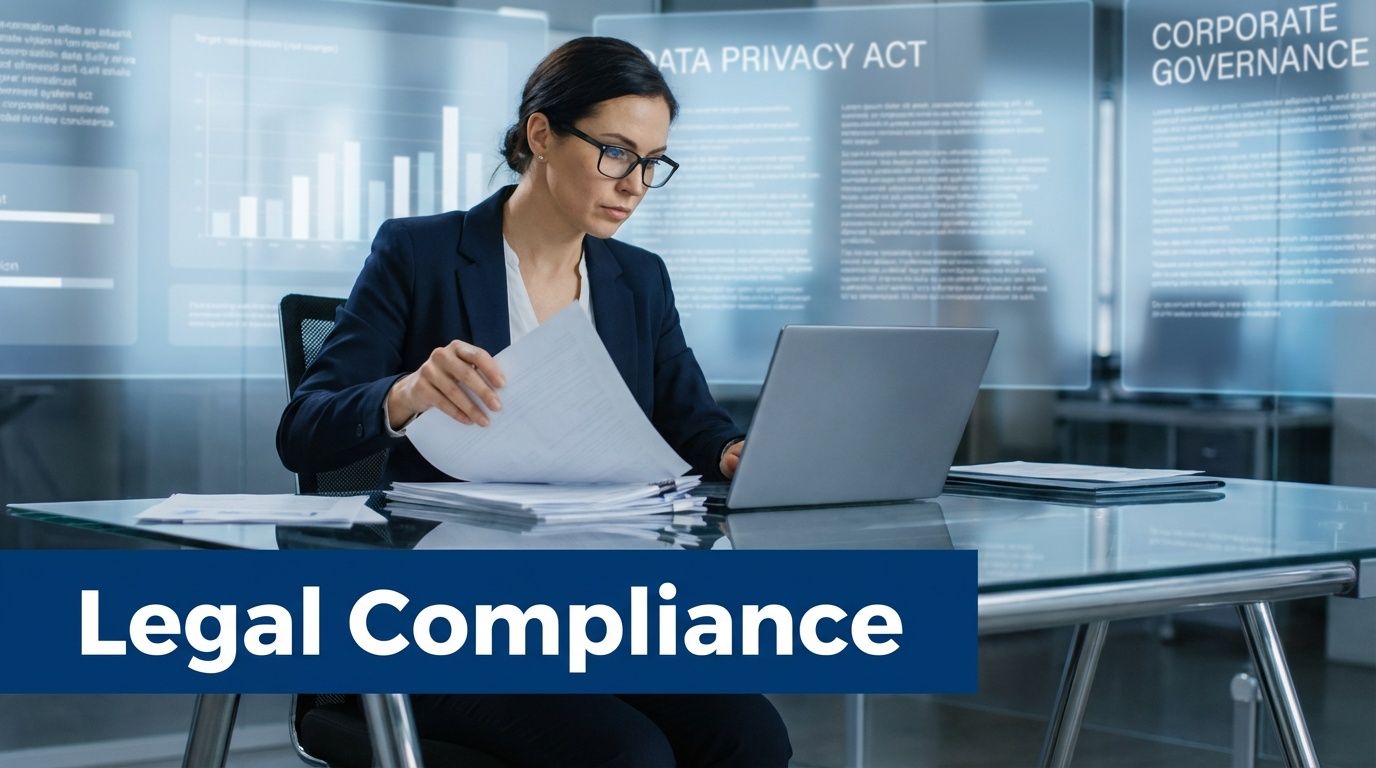 A professional woman in a business suit reviewing legal documents while working on a laptop at her desk.