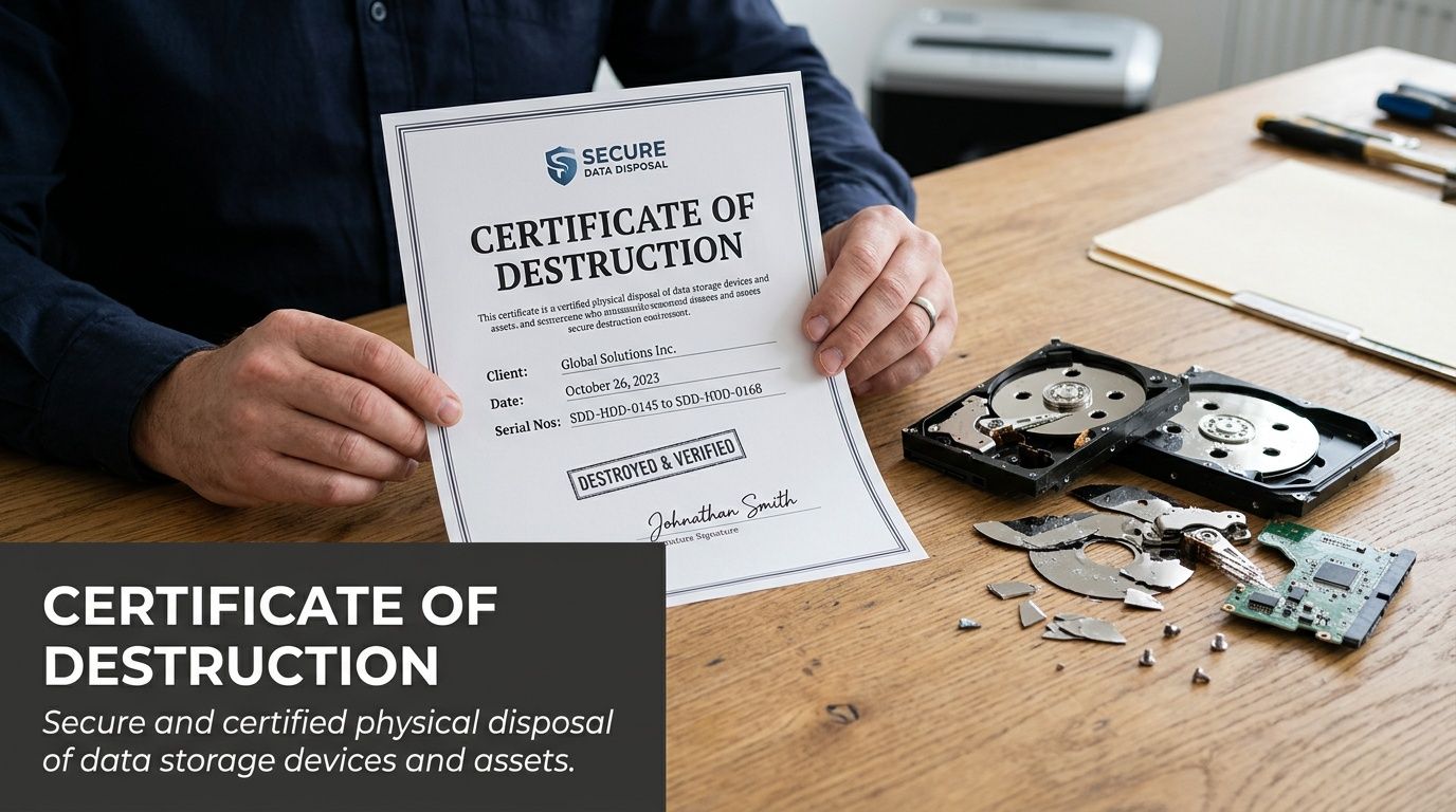 Person holding a data destruction certificate with shattered hard drives on a wooden table.