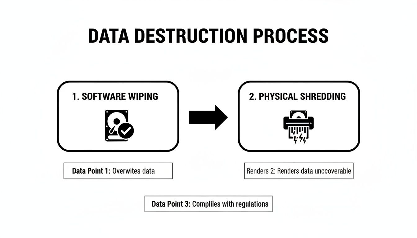 Diagram illustrating the data destruction process, including software wiping and physical shredding for secure data.