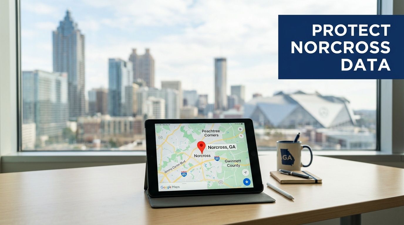 A tablet displays Norcross, GA on Google Maps, with Atlanta's skyline and a 'Protect Norcross Data' overlay.