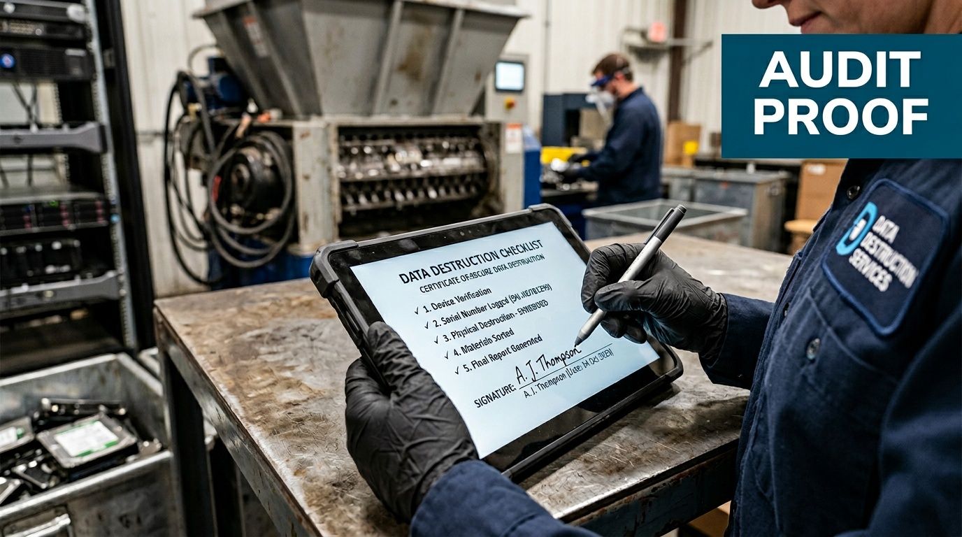 A worker in a facility signs a digital data destruction checklist on a tablet while wearing gloves.