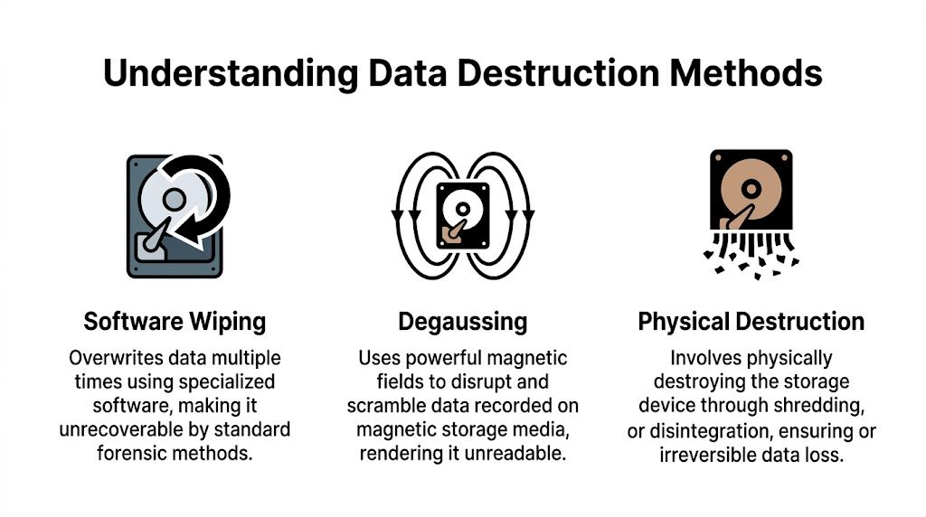 An infographic showing three data destruction methods including software wiping, degaussing, and physical destruction of hard drives.