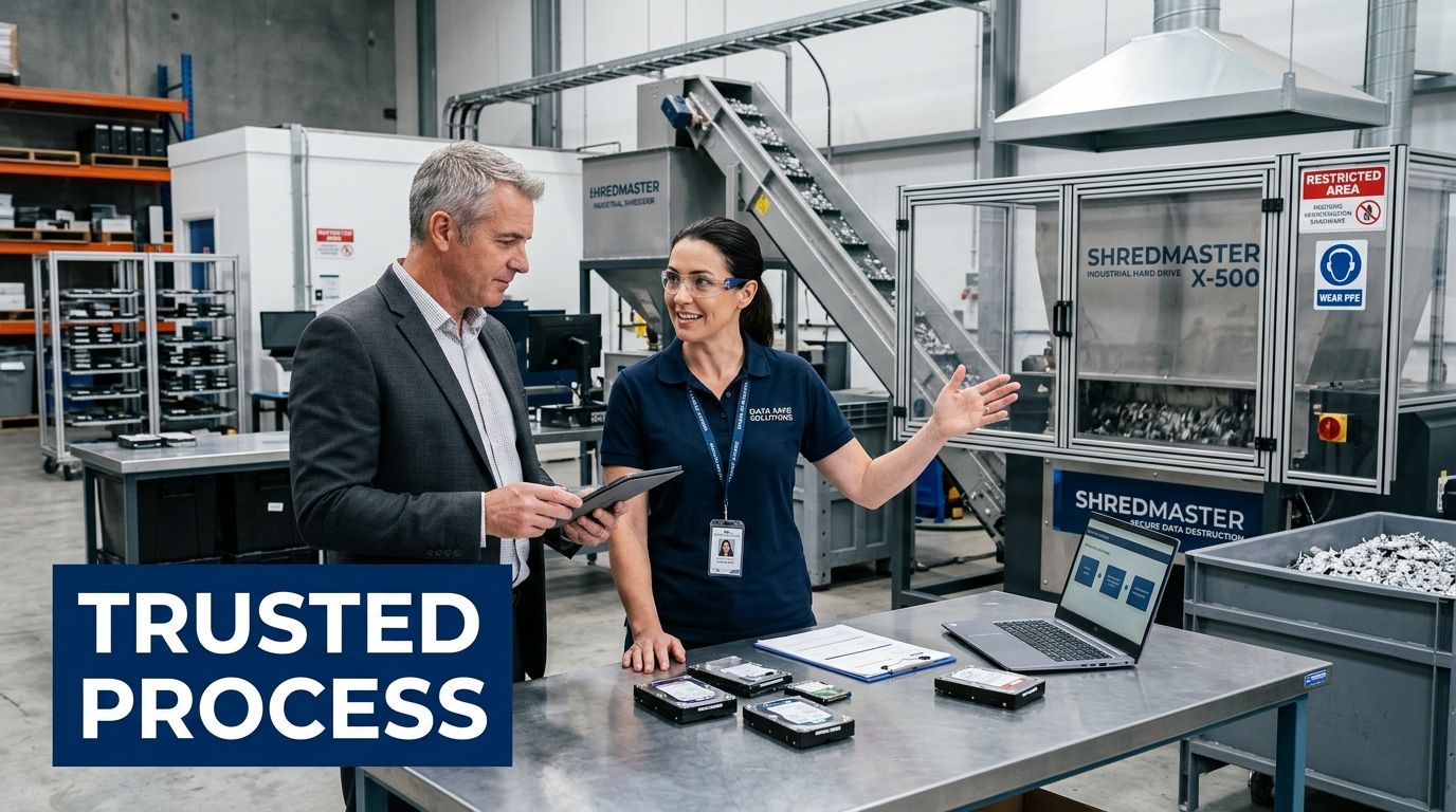 A professional woman explaining secure data destruction processes to a client in a specialized facility.