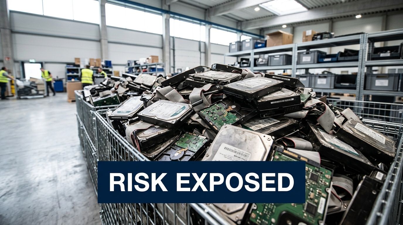A large metal bin overflowing with discarded hard drives representing the risk of exposed data in storage.