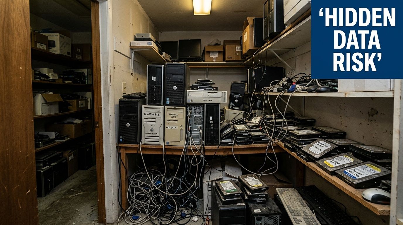 A storage closet filled with old computers and hard drives, representing a potential hidden data security risk.