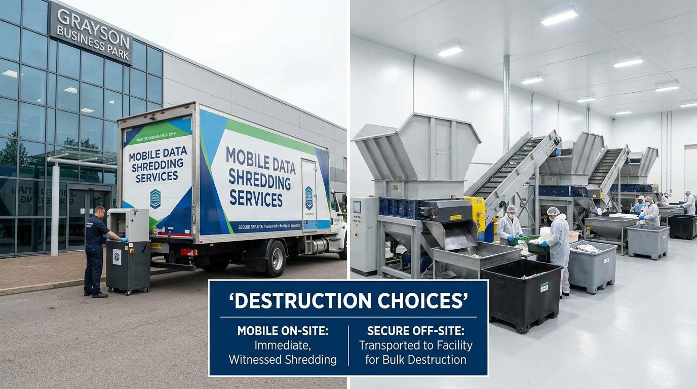 A split-screen image showing mobile data shredding services on-site and an industrial facility for secure off-site destruction.