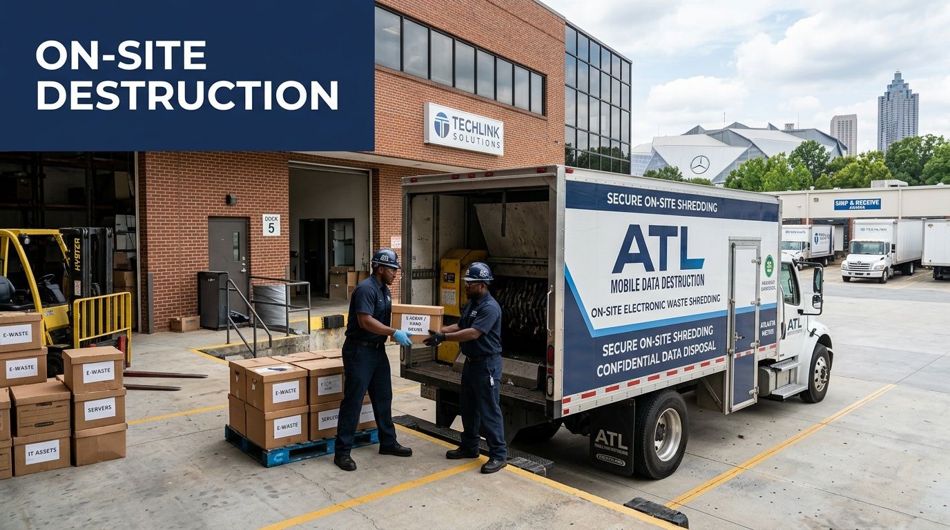 Two employees loading boxes for on-site hard drive destruction into an ATL mobile data destruction truck.